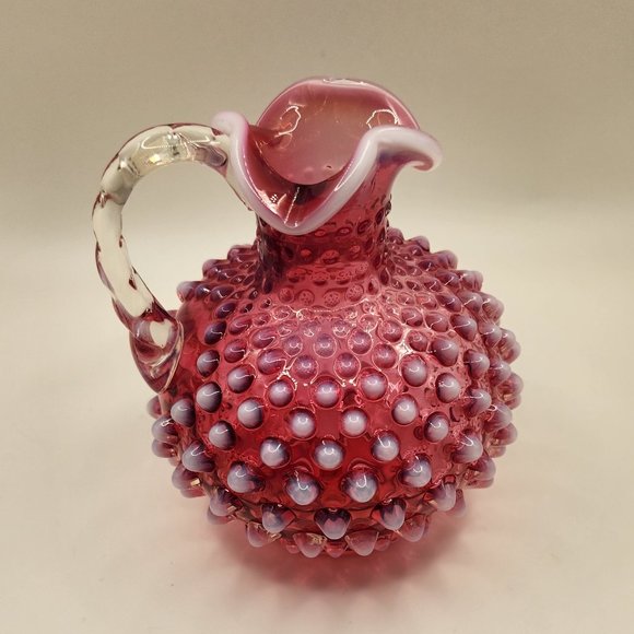 Vintage Fenton Art Glass Cranberry and White Opalescent Hobnail Cruet No Stopper - Picture 3 of 4